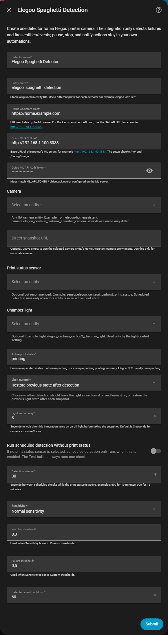 Elegoo Spaghetti Detection setup form